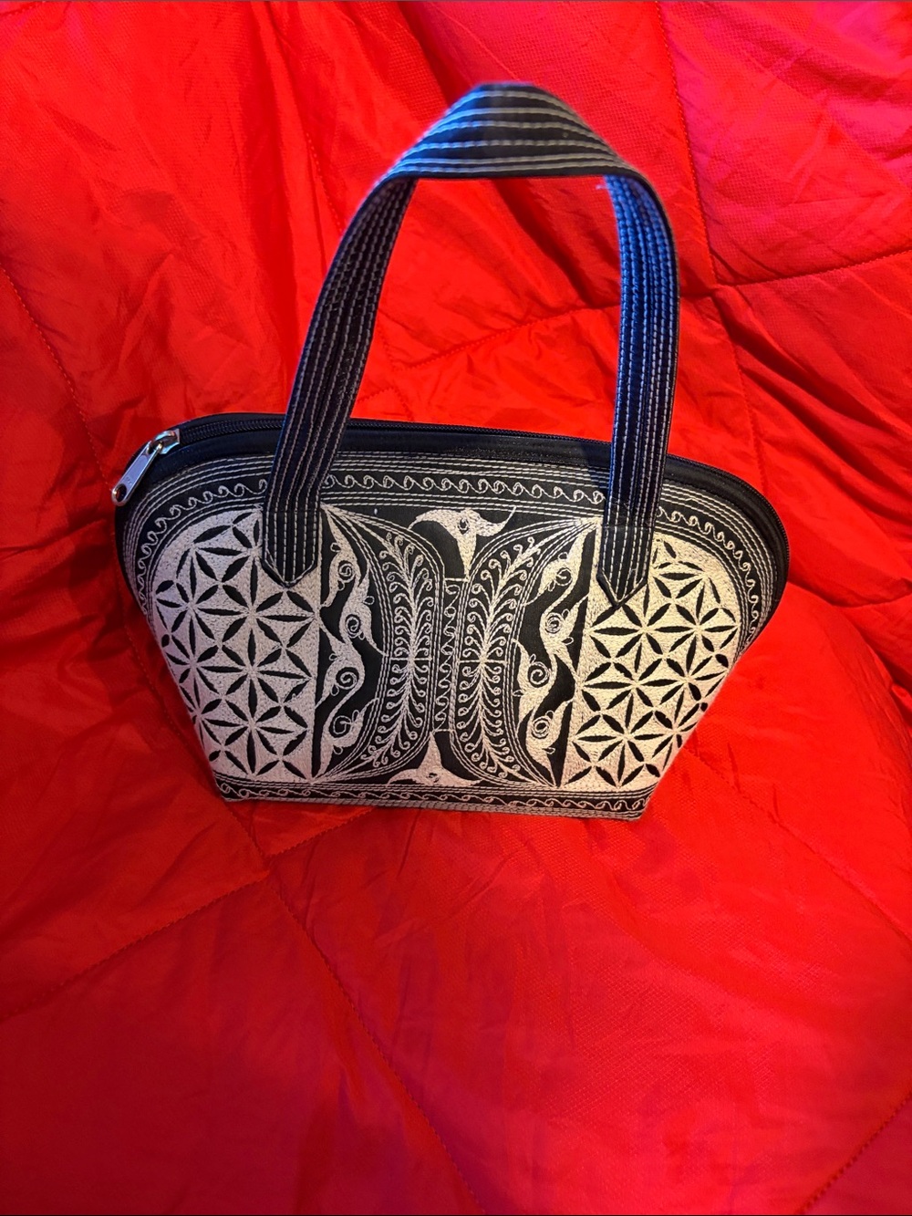 Black and Cream Embroidered Pattern Tote Bag with Striped Handles